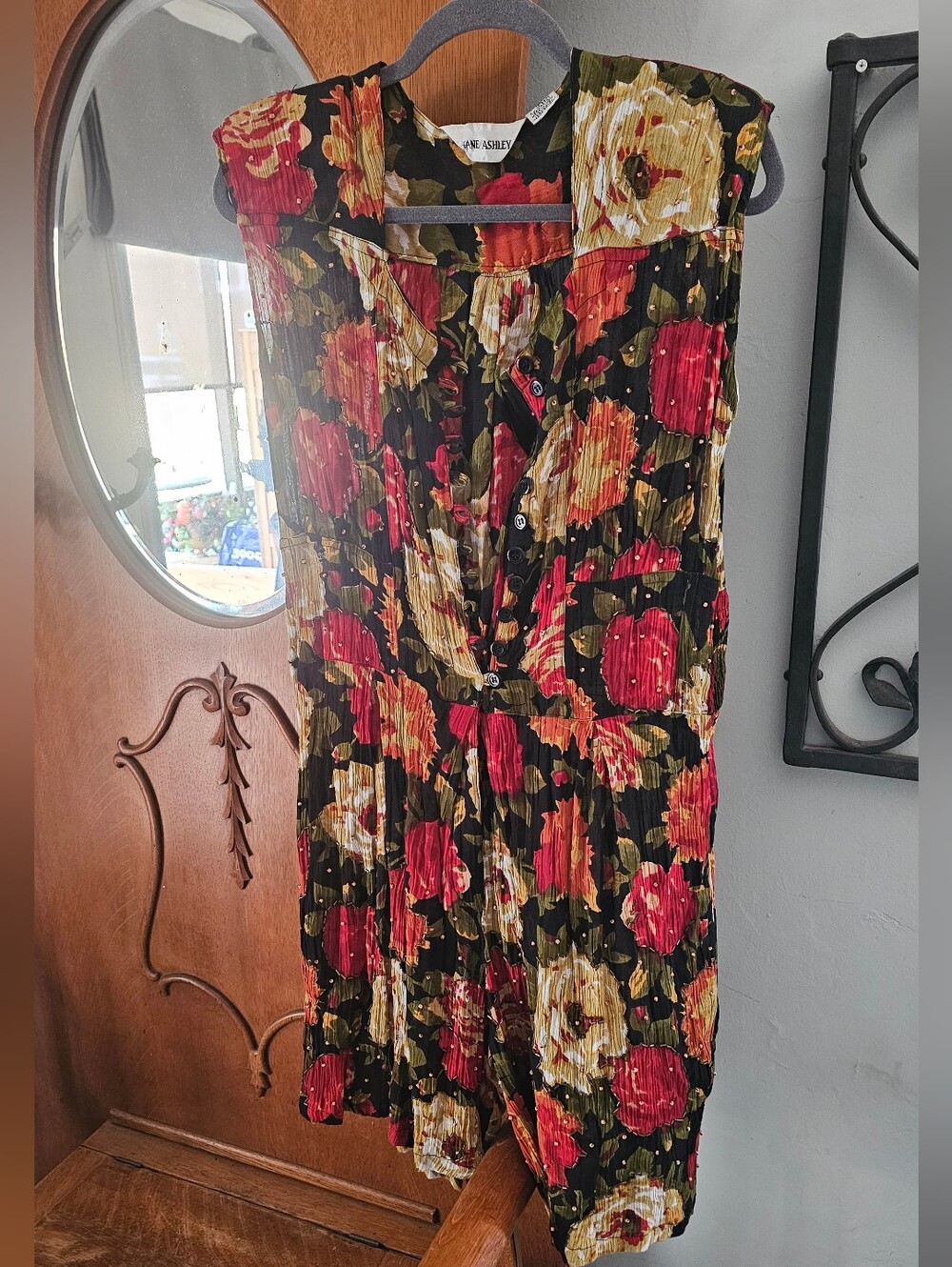 Vintage 90s Jane Ashley Floral Rayon Midi Dress Beaded Button Front M